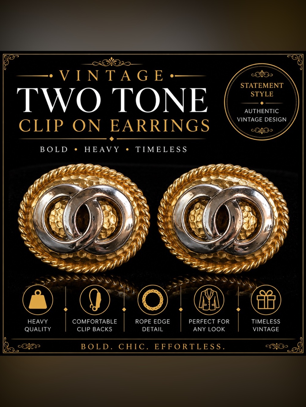 Vintage Two Tone Gold Silver Dome Clip On Earrings Rope Edge Bold